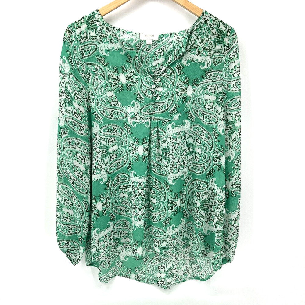 Umgee Tunic Top Womens Large Boho Green Paisley V-Neck Cold Shoulder/Arm Blouse